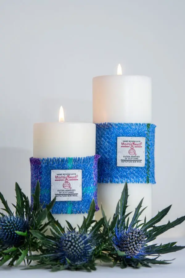 Pillar Candles with blue Harris Tweed® sleeve
