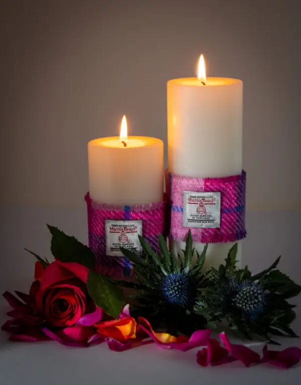 Pillar Candles with pink Harris Tweed® sleeve